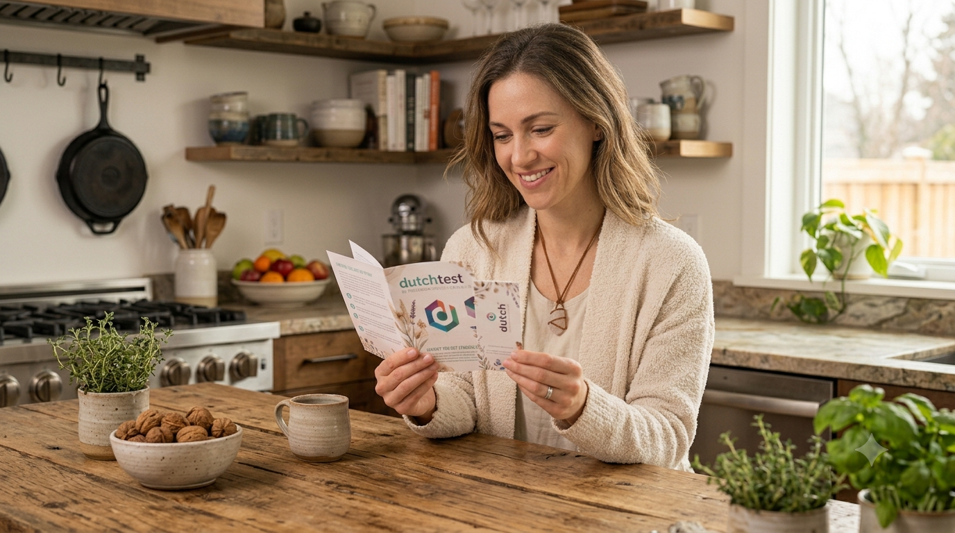 Client reviewing their DUTCH Complete Hormone Test results in a bright, plant-filled kitchen