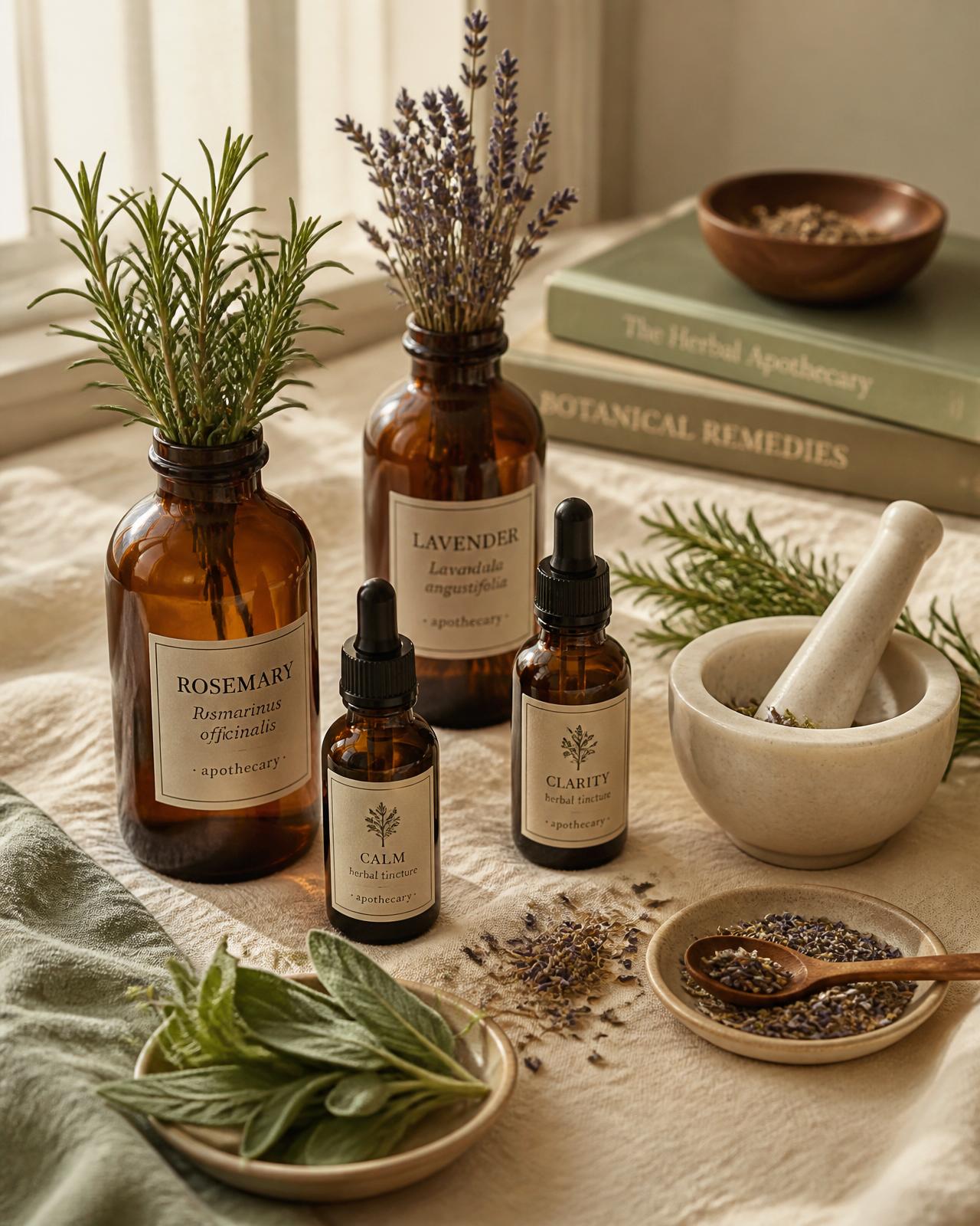 Amber apothecary bottles with fresh rosemary and lavender tinctures