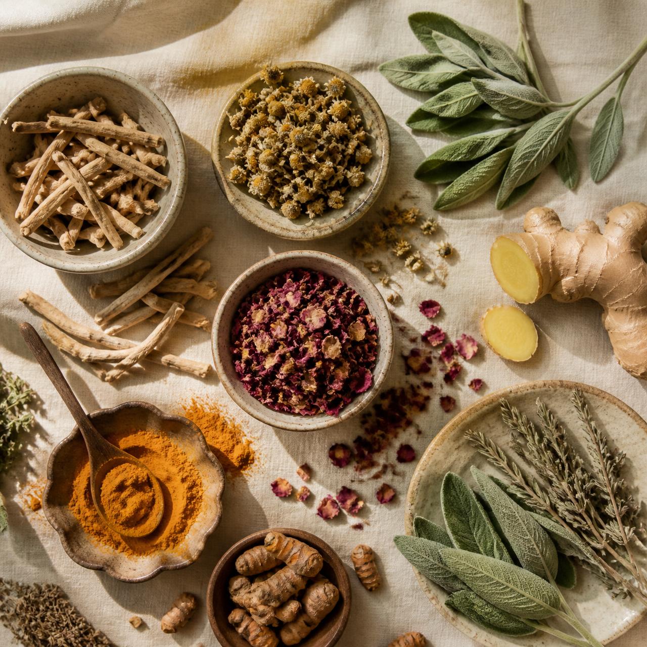 Flat lay of dried medicinal botanicals: ashwagandha, chamomile, sage, ginger, rose, and turmeric on cream linen